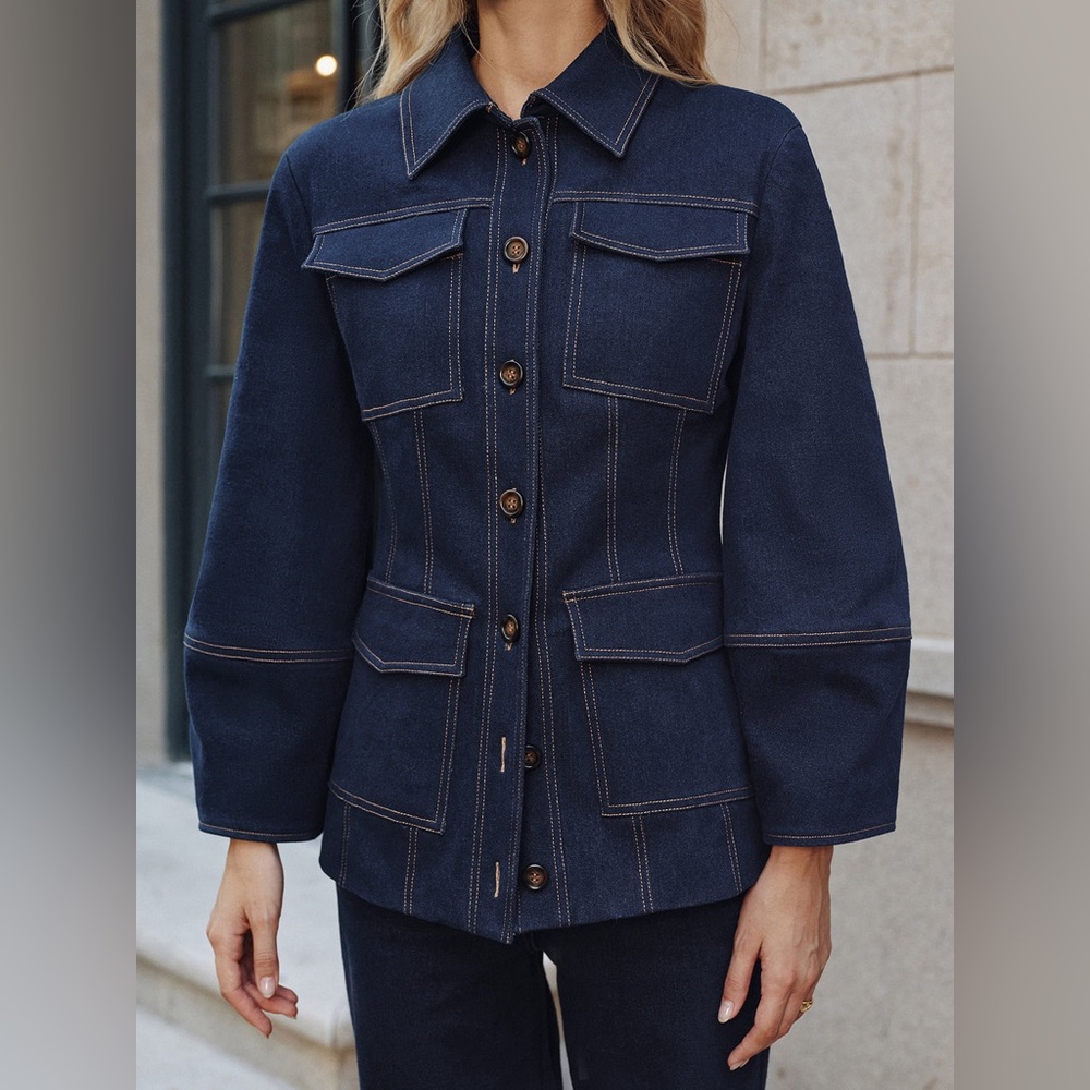 COMMENSE Contrast Stitch Denim Jacket COLOR - Navy, Size Small NWT - Picture 9 of 12